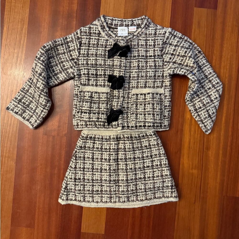 Zara Black and Cream Tweed Girls Matching Jacket and Skirt Set